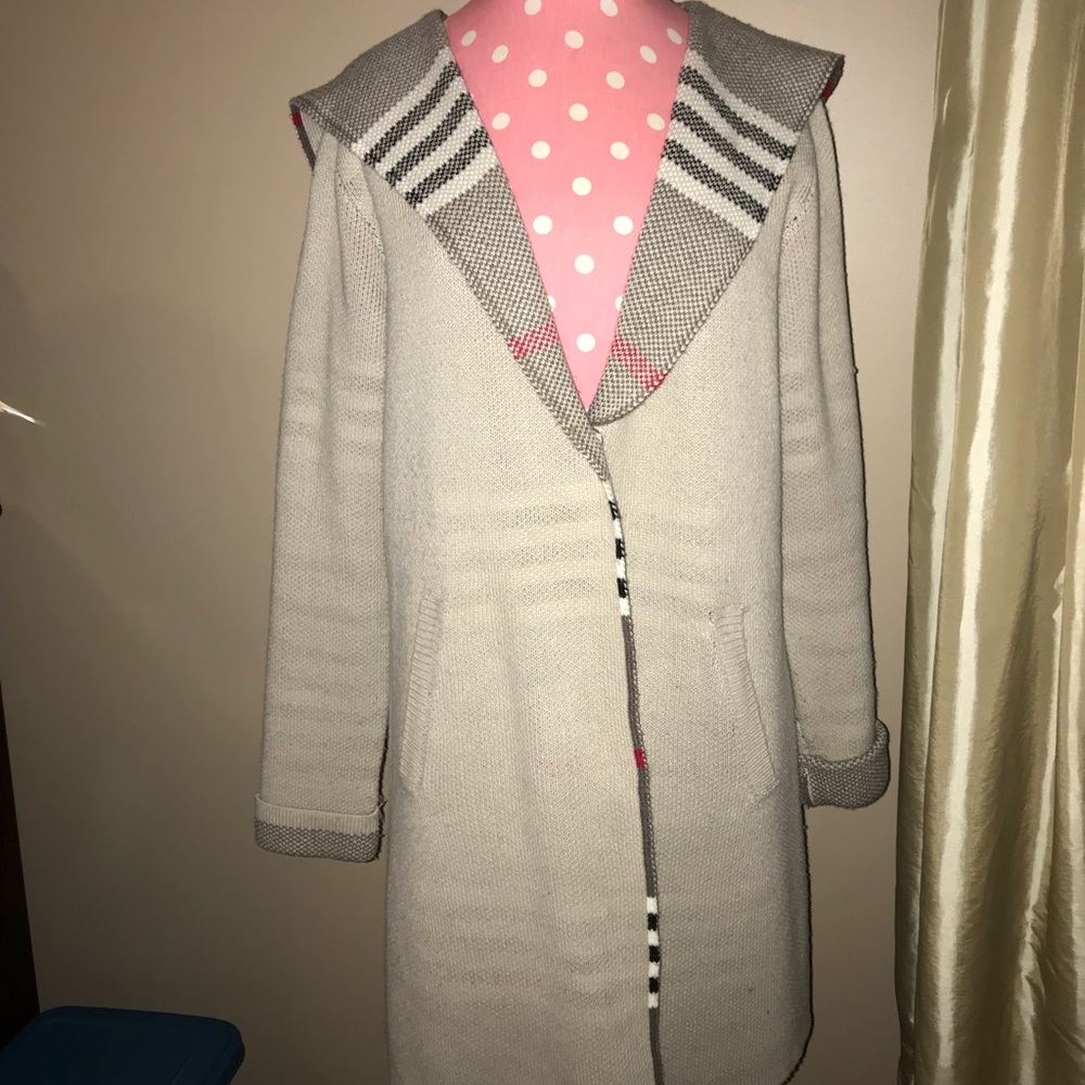 Hooded Cardigan Coat With Plaid Lining